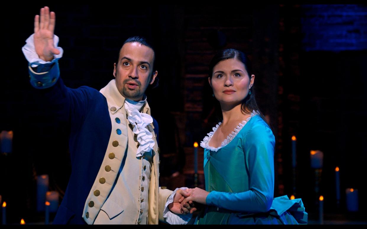 Lin-Manuel Miranda as Alexander Hamilton and Phillipa Soo as Eliza Hamilton  - Disney Plus