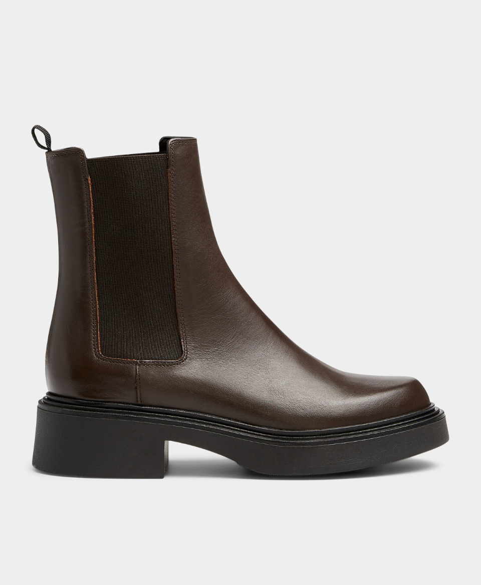 brown leather boot with black bottom, Smooth Leather Chelsea Boots (Photo via Simons)