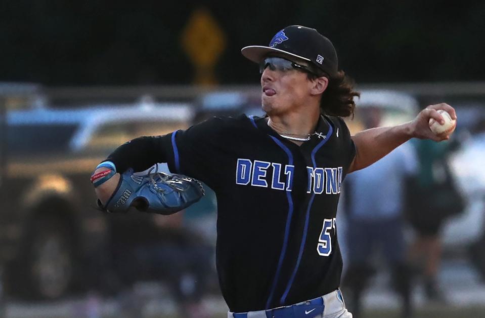 Deltona pitcher Mason Draper (51) throws to a Seabreeze batter during the District 5-5A semifinals, Tuesday, April 30, 2024, at the Ormond Beach Sports Complex.