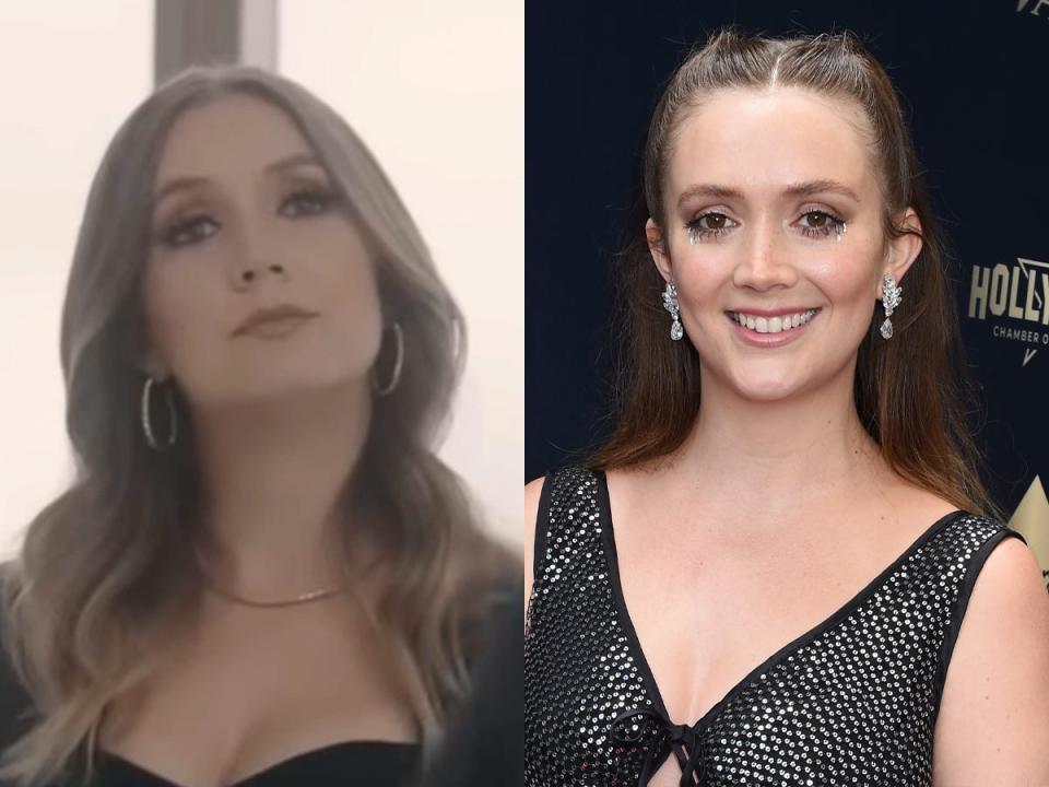 A side-by-side image of Billie Lourd in "American Horror Story: Delicate" and in 2023.