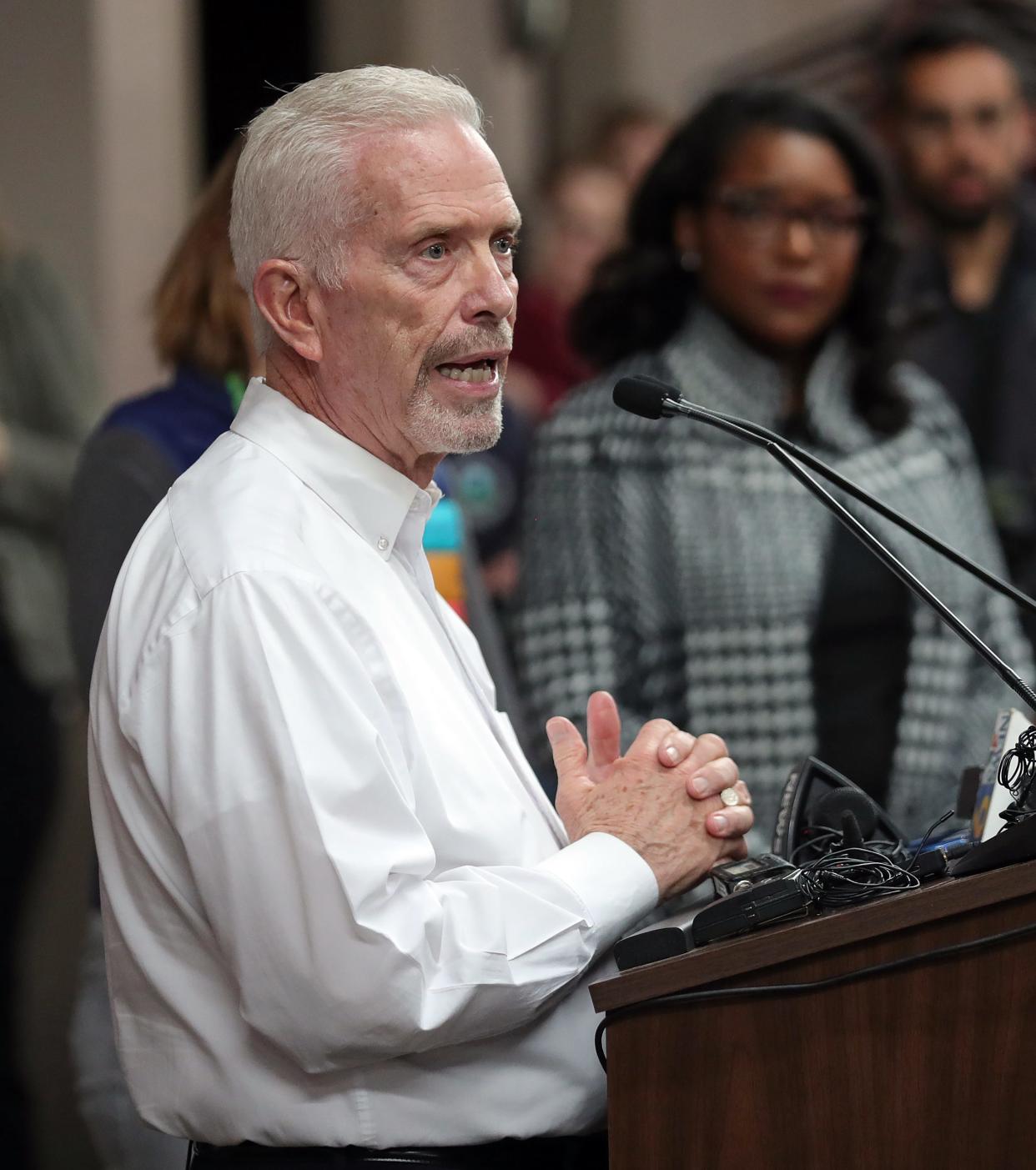 U.S. Rep. Bill Johnson, R-Marietta, speaks in East Palestine in February about the train derailment in the community.