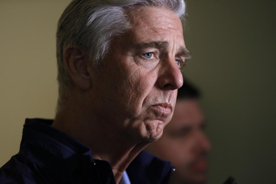 Dave Dombrowski, president of baseball operations for the Boston Red Sox, talks with reporters during the baseball general managers meetings Wednesday, Nov. 7, 2018, in Carlsbad, Calif. (AP Photo/Gregory Bull)