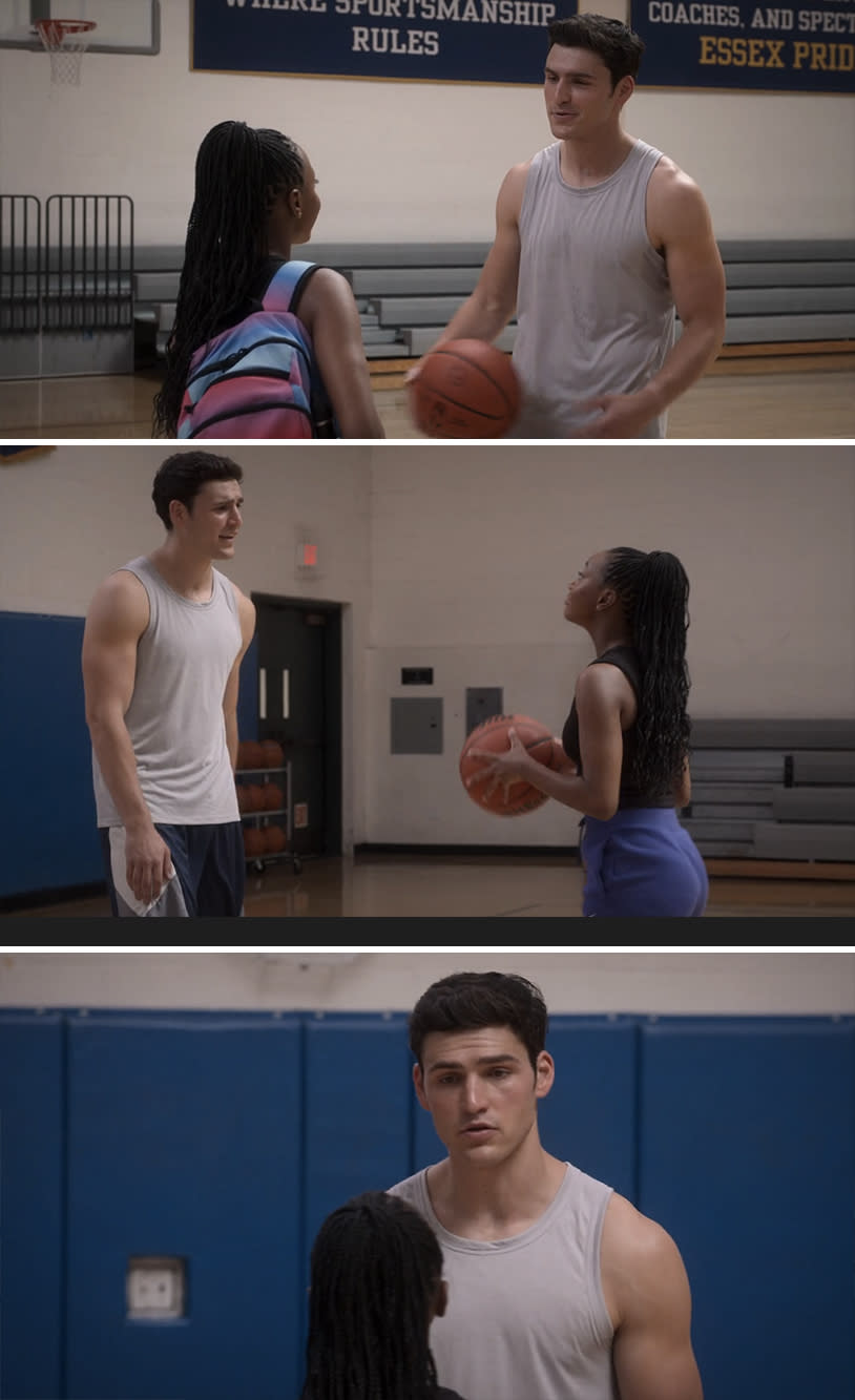 Charlie and Alyah Chanelle Scott playing basketball in a gym in "The Sex Lives of College Girls"