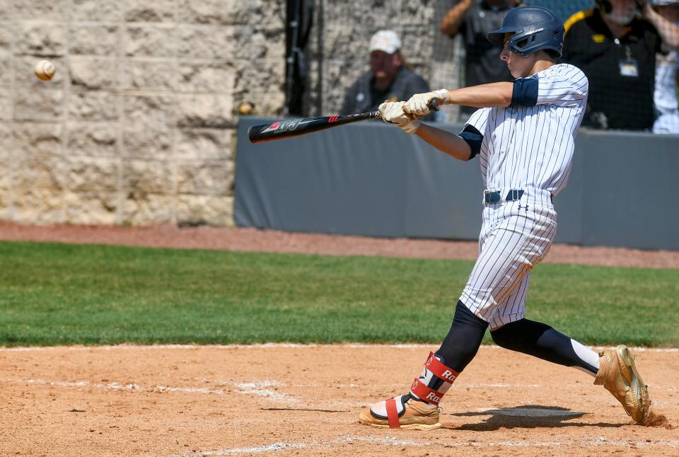 Trinity's Brady Rascoll (1) hits a double against Opp during their double header on the Trinity campus in Montgomery, Ala., on Thursday May 5, 2022. 