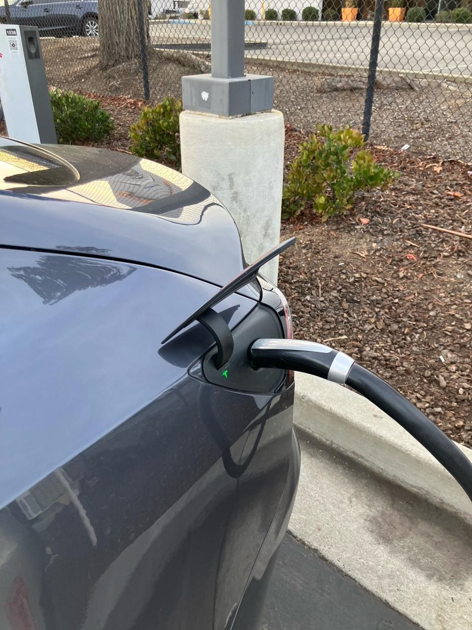 Close-up of Tesla Model 3 charging at a Tesla Supercharger