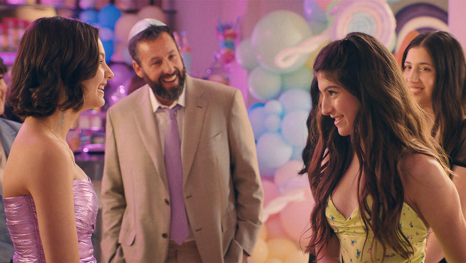 Samantha Lorraine as Lydia Rodriguez Katz, Adam Sandler as Danny Friedman, Sunny Sandler as Stacy Friedman and Sadie Sandler as Ronnie Friedman in You Are So Not Invited To My Bat Mitzvah.