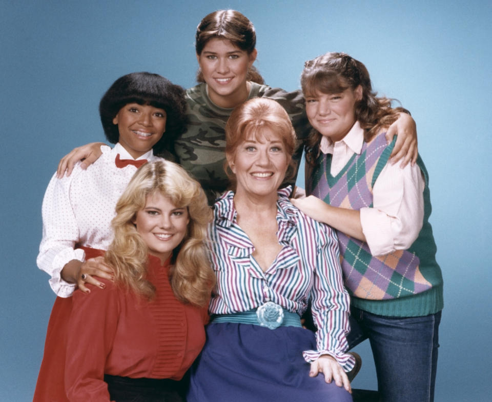 Charlotte Rae’s Mrs. Garrett (center) launched the <i>Facts of Life</i> spinoff, starring Nancy McKeon, Mindy Cohn, Lisa Whelchel, and Kim Fields. (Photo: Frank Carroll/NBC/NBCU Photo Bank via Getty Images)