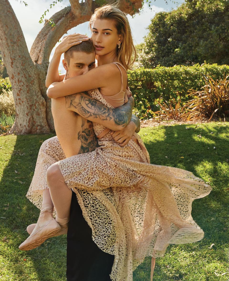 Justin says he’s set self-destructive behavior aside. “It got pretty dark,” he says. “I think there were times when my security was coming in late at night to check my pulse and see if I was still breathing.” On Hailey: Dior dress and ballerina flats.