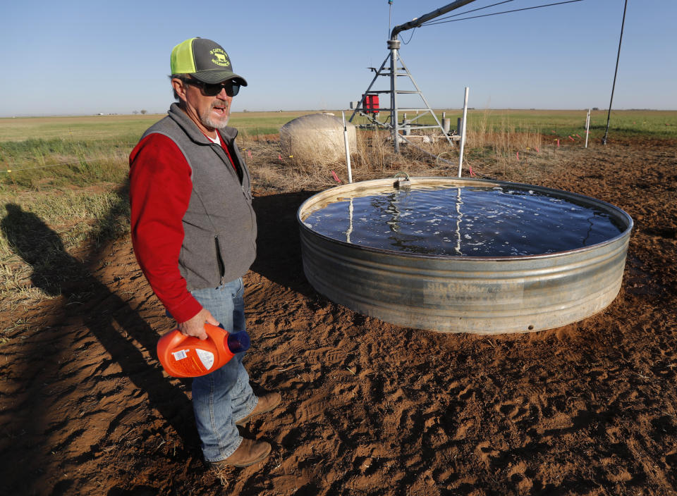 Tim Black holds a container of unscented laundry detergent near a stock tank on his Muleshoe, Texas, farm on Monday, April 19, 2021. The longtime corn farmer now raises cattle and has planted some of his land in wheat and native grasses because the Ogallala Aquifer, used to irrigate crops, is drying up. (AP Photo/Mark Rogers)