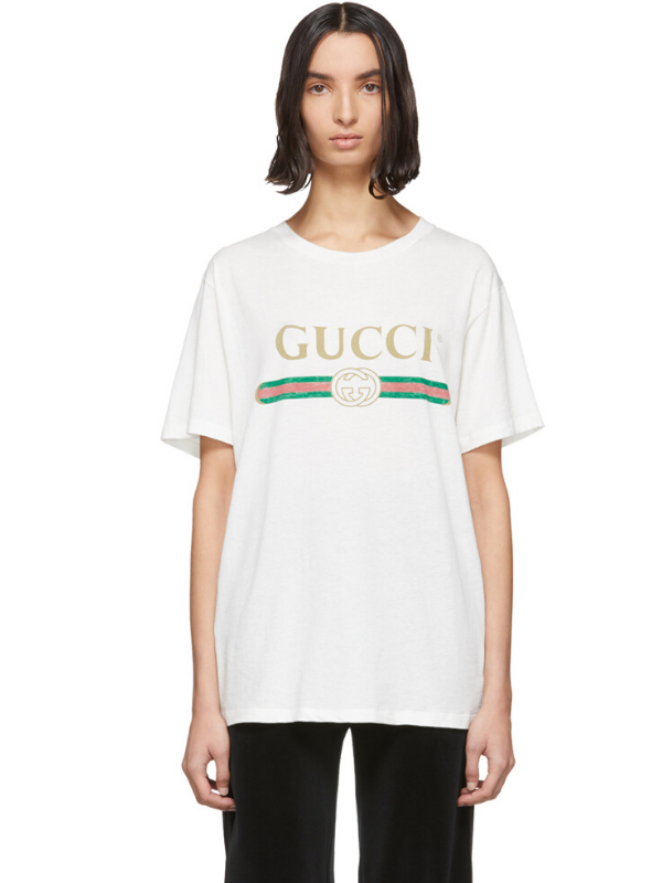 Gucci White Vintage Logo T-Shirt. Image via Ssense.
