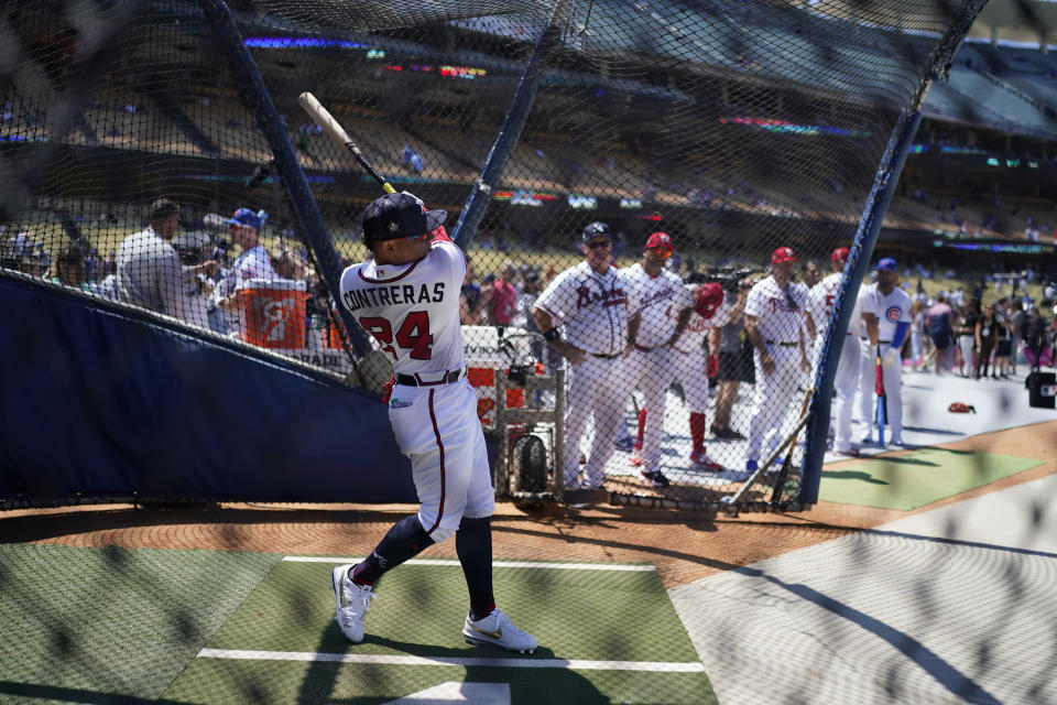 Atlanta Braves' William Contreras takes batting practice a day before the 2022 MLB All-Star baseball game, Monday, July 18, 2022, in Los Angeles. (AP Photo/Jae C. Hong)