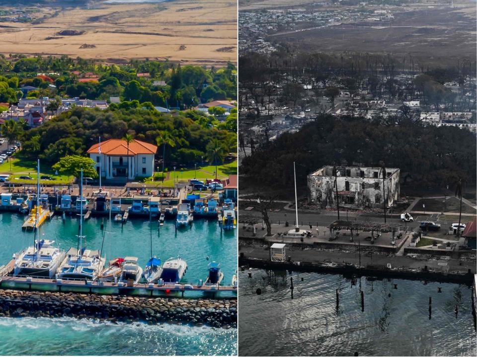A side-by-side image shows aerial views of Lahaina on the island of Maui before and after a wildfire destroyed the old courthouse building and damaged the giant banyan tree