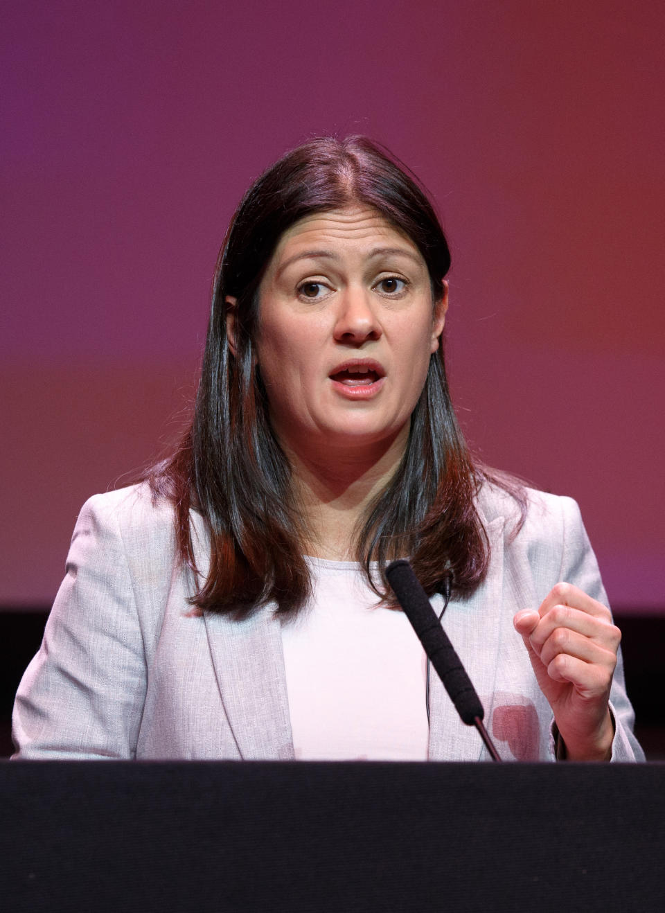 GLASGOW, SCOTLAND - FEBRUARY 15:  Lisa Nandy speaking at the Labour leadership hustings on the stage at SEC in Glasgow on February 15, 2020 in Glasgow, Scotland. Sir Keir Starmer, Rebecca Long-Bailey and Lisa Nandy are vying to replace Labour leader Jeremy Corbyn, who offered to step down following his party's loss in the December 2019 general election. Emily Thornberry was eliminated from the race yesterday after failing to secure enough nominations from local constituency parties. (Photo by Robert Perry/Getty Images)