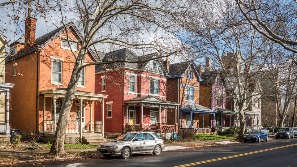 2015: Row of houses on Chase Avenue in the Northside neighborhoo, CINCINNATI - DECEMBER 22