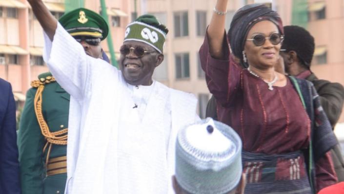 Nigerian President Bola Tinubu with his wife Remi Tinubu gestures during his inauguration during a swearing-in ceremony at Eagle Square in Abuja, Nigeria on May 29, 2023