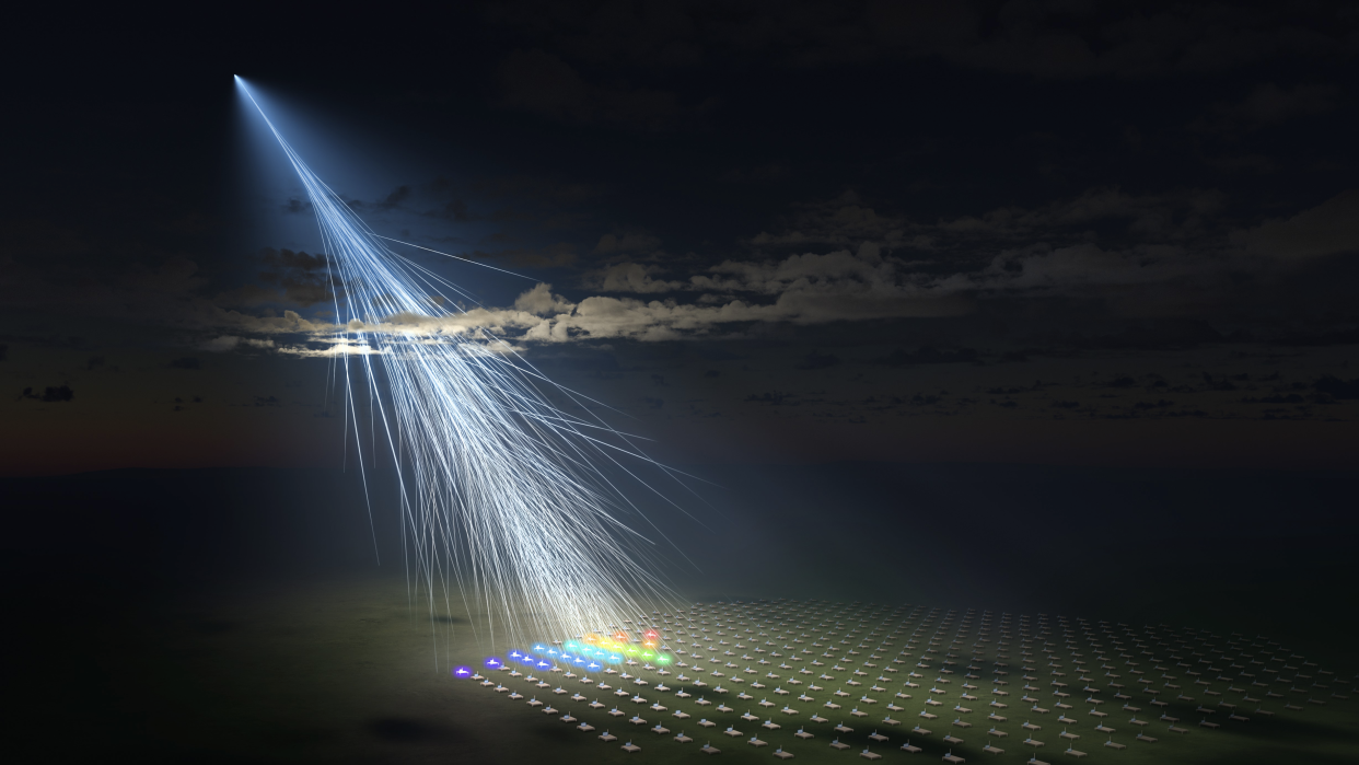  An illustration showing a cosmic ray hitting the Telescope Array experiment's detectors. 