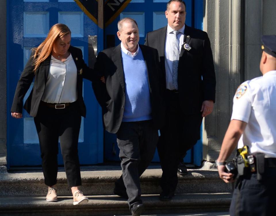 Harvey Weinstein leaving the NYPD station after surrendering to police in May