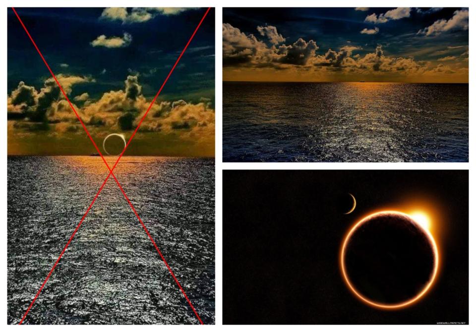 <span>Screenshot comparison of the altered image (left) the original ocean photo (right, above) and the stock image of an eclipse.</span>