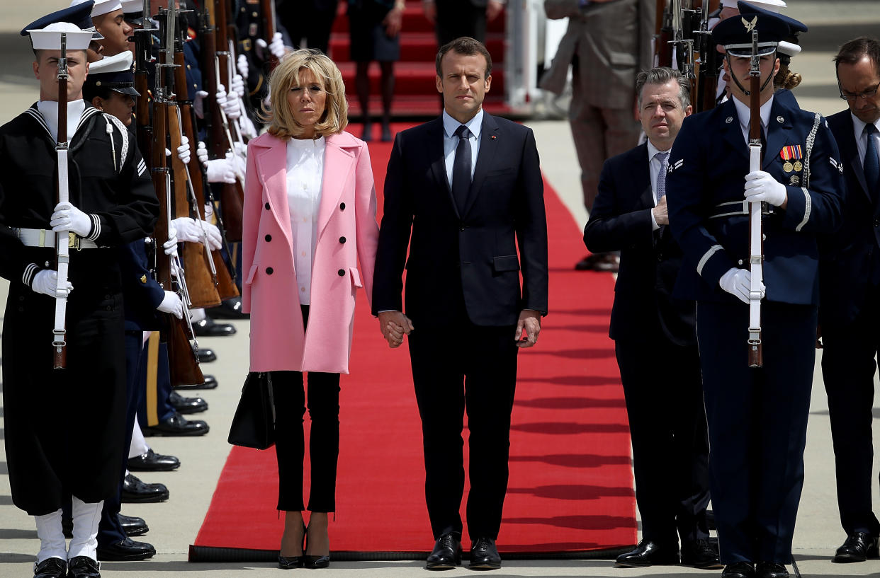 French first lady Brigitte Macron, pictured with her husband, President Emmanuel Macron, arrives in the U.S. (Photo: Getty Images)