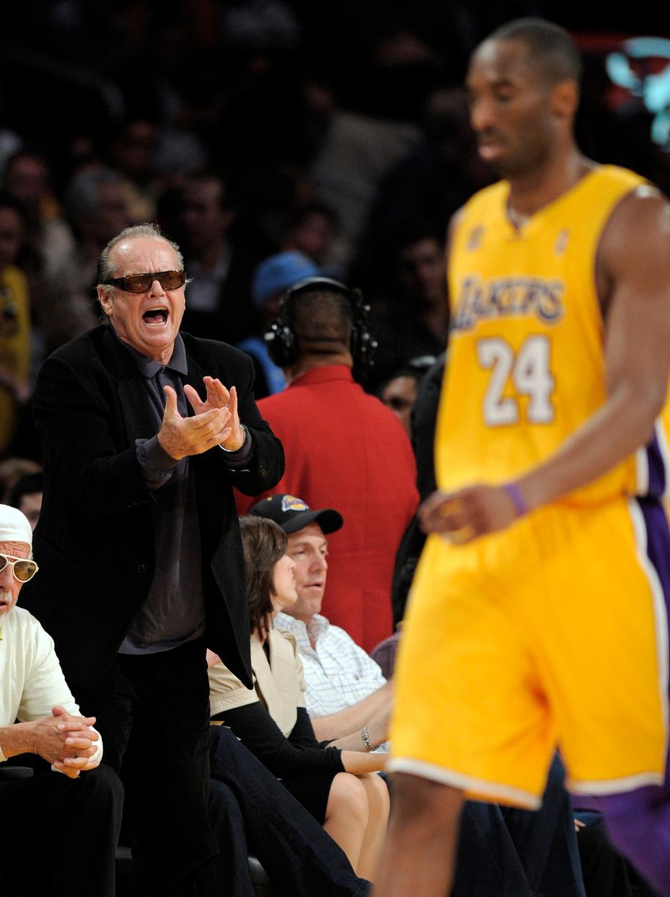 Jack Nicholson cheers on Lakers guard Kobe Bryant during Game 5 of an NBA Western Conference semifinal against the Utah Jazz on May 14, 2008 in Los Angeles. The Lakers won 111-104.