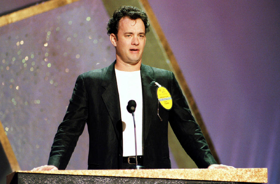 Tom Hanks, who will announce the Best Actress in a Leading Role category at the 67th Academy Awards ceremony, rehearses his lines March 26 in Shrine Auditorium. Hanks is a Best Actor nominee for his role in 