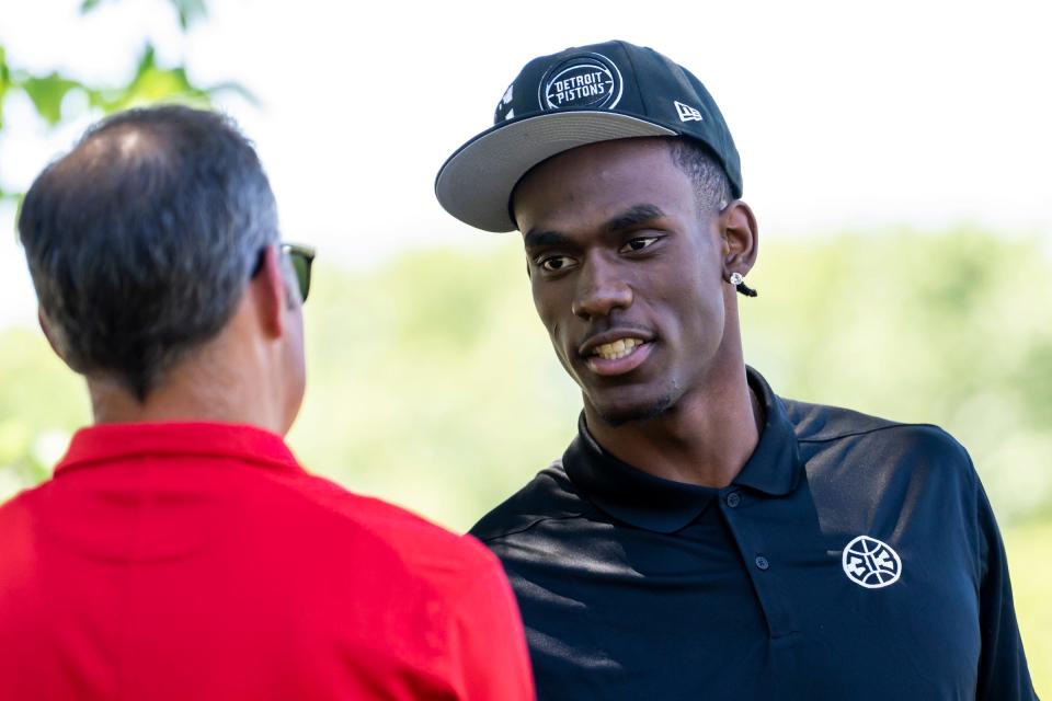 Pistons draft pick Jalen Duren meets members of the Pistons media relations team before the Pistons' news conference on Friday, June 24, 2022, at Rouge Park.