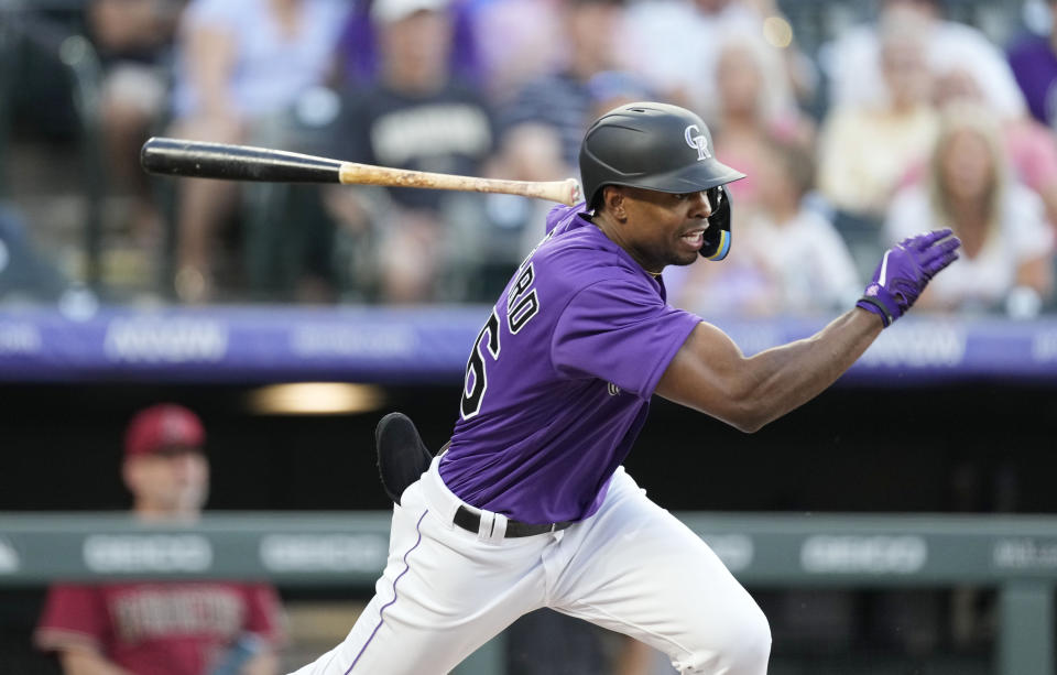 Colorado Rockies' Wynton Bernard grounds out against Arizona Diamondbacks starting pitcher Zach Davies in the third inning of a baseball game Friday, Aug. 12, 2022, in Denver. (AP Photo/David Zalubowski)