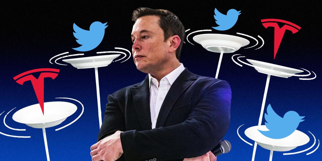 Elon Musk surrounded by spinning plates holding Tesla and Twitter logos