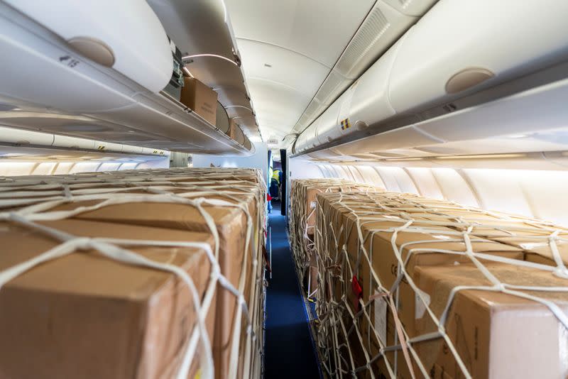 A undated handout picture shows the interior of a passenger plane which was modified as temporary freighter