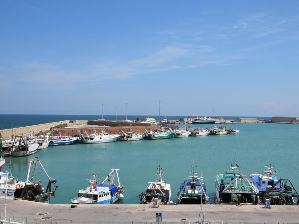 Various boats docked in the water.