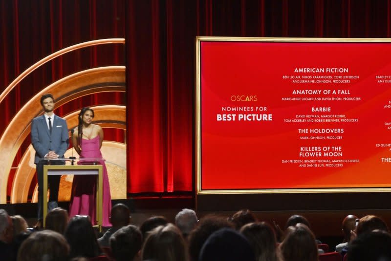 British actor Rizwan Ahmed (L) and American actress Allison Williams announce the nominees for the Oscar for Best Picture on Tuesday in Beverly Hills, Calif. Photo by Jim Ruymen/UPI