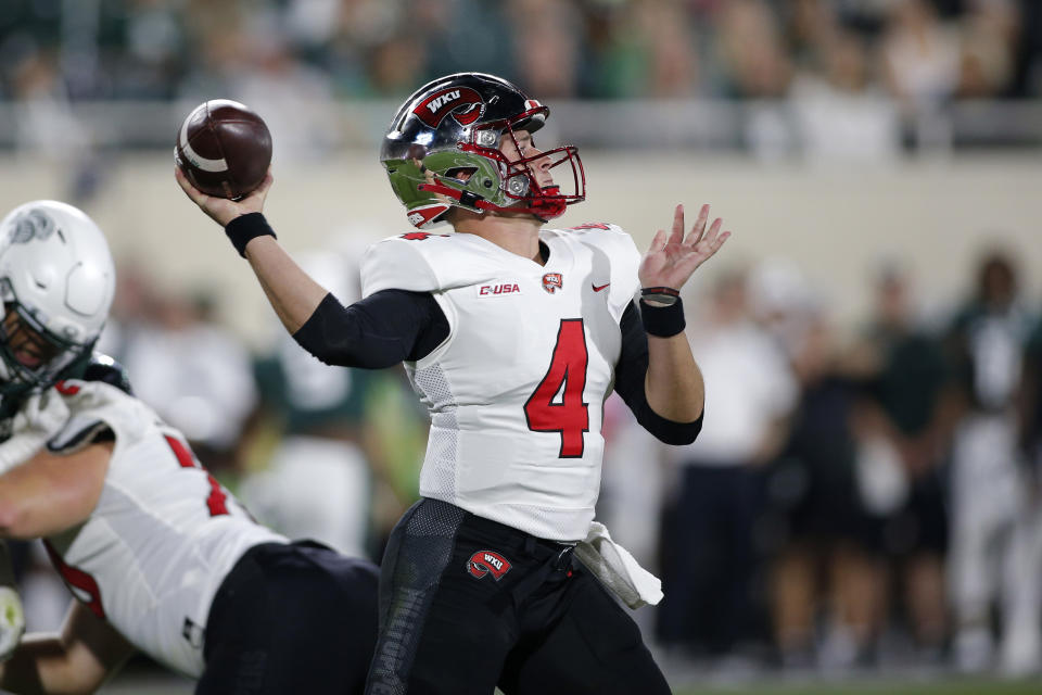 Western Kentucky quarterback Bailey Zappe throws a pass against Michigan State during an NCAA college football game, Saturday, Oct. 2, 2021, in East Lansing, Mich. (AP Photo/Al Goldis)