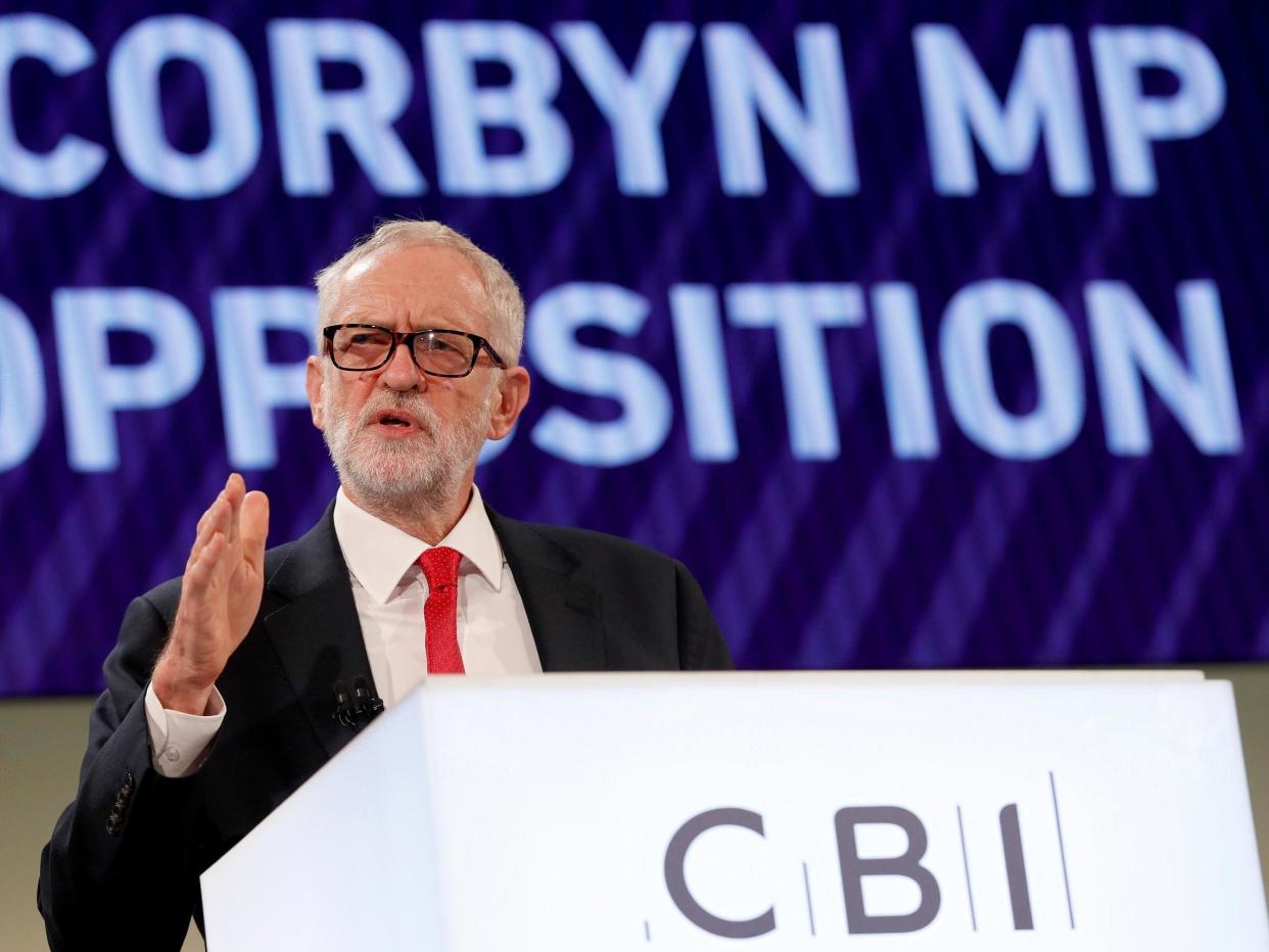 Labour Party leader Jeremy Corbyn addresses delegates at the annual Confederation of British Industry (CBI) conference in central London, on 19 November, 2018: AFP