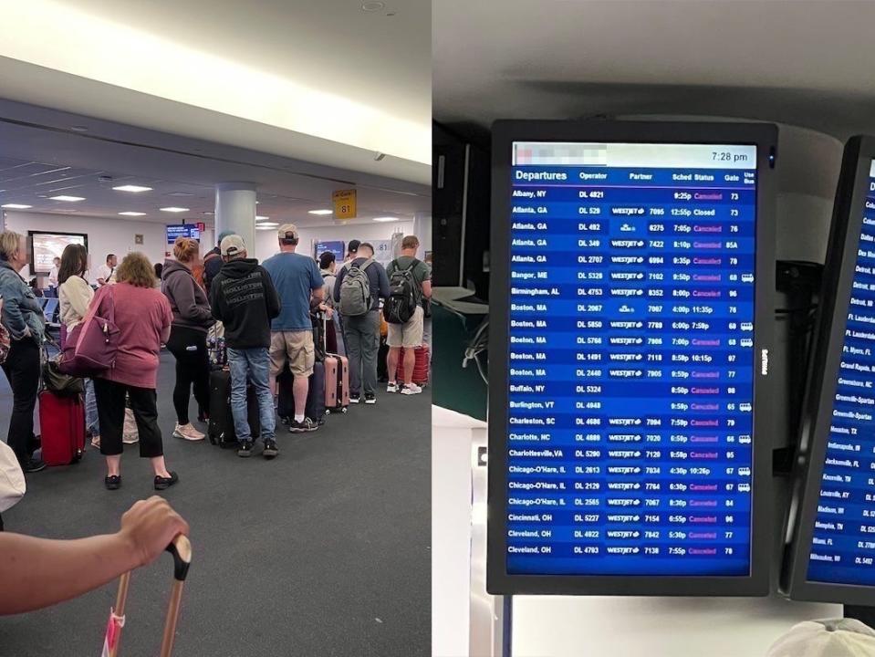 A split image shows a line of travelers in a terminal at LaGuardia Airport (left); a departure board shows flight cancelations (right).