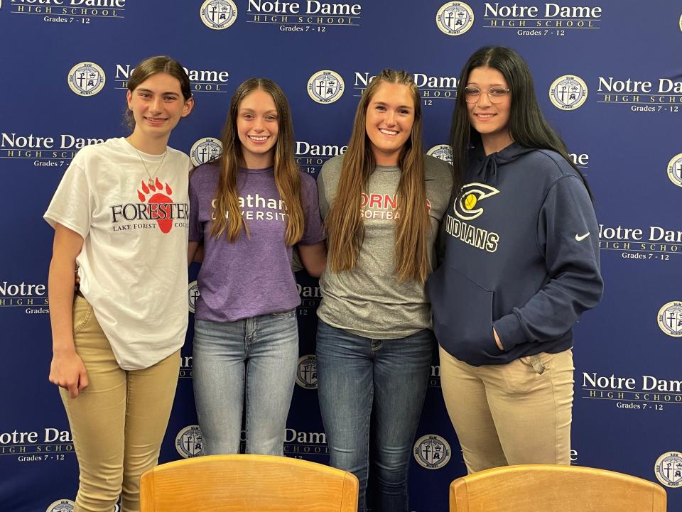 Elmira Notre Dame seniors from left at a signing ceremony June 6, 2023, from left: Ella Chicone (Lake Forest for soccer), Piper Young (Chatham for cross country and track), Olivia Switzer (Corning Community College for softball) and Lawson Bigelow (Chipola College for softball).