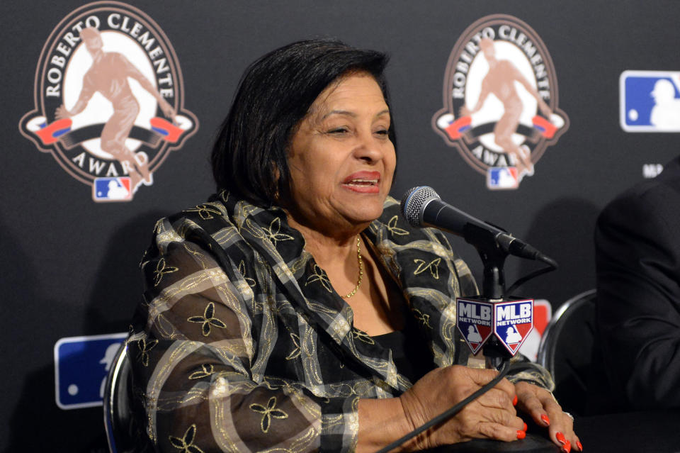 CHICAGO, IL - OCTOBER 28:  Vera Clemente speaks during the 2016 Roberto Clemente Award Press Conference prior to Game 3 of the 2016 World Series between the Cleveland Indians and the Chicago Cubs at Wrigley Field on Friday, October 28, 2016 in Chicago, Illinois. (Photo by Ron Vesely/MLB via Getty Images) 