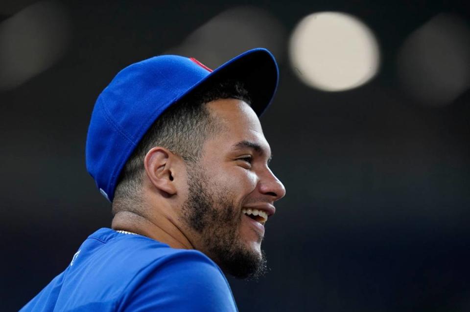 Chicago Cubs catcher Wilson Contreras watches from the dugout during a baseball game against the Miami Marlins, Tuesday, Sept. 20, 2022, in Miami. (AP Photo/Lynne Sladky) Lynne Sladky/AP