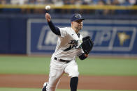 Tampa Bay Rays starting pitcher Corey Kluber works from the mound against the New York Yankees during the first inning of a baseball game Saturday, May 28, 2022, in St. Petersburg, Fla. (AP Photo/Scott Audette)