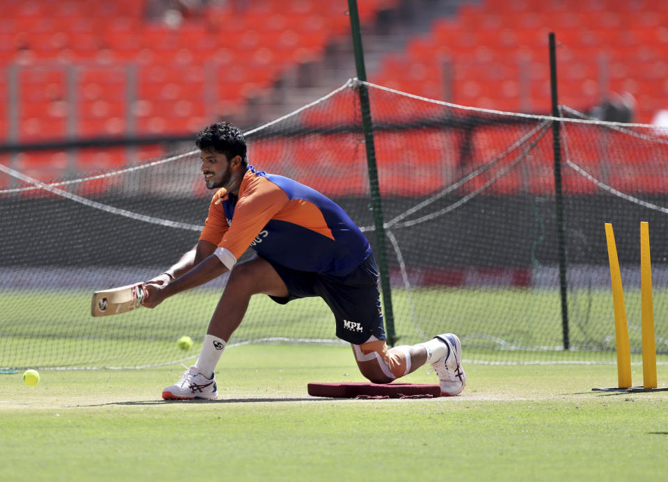 India's Washington Sundar trains during a practice session ahead of the fourth test cricket match between India and England at Narendra Modi Stadium in Ahmedabad, India, Wednesday, March 3, 2021. (AP Photo/Aijaz Rahi)