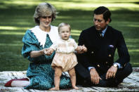 <p>Diana and Charles took young William with them on their 1983 tour in Australia and New Zealand, here outside Government House in Auckland, New Zealand, in April 1983. (Getty Images)</p> 