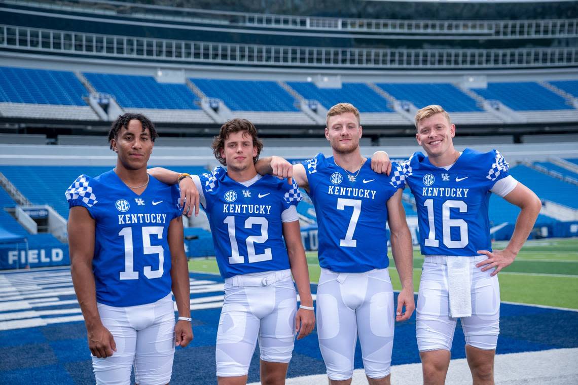Kentucky quarterbacks Destin Wade (15), Kaiya Sheron (12) or Deuce Hogan (16) will have to carry the load for UK in the Music City Bowl after regular starter Will Levis (7) opted out to prepare for the NFL Draft.