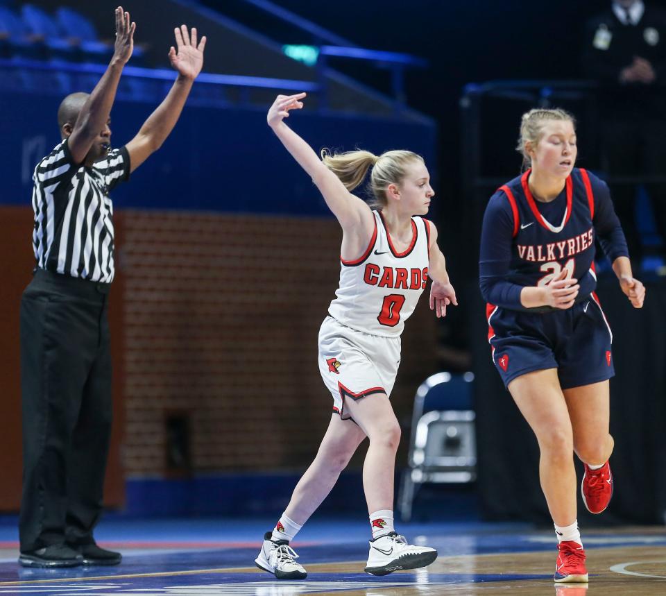 George Rogers Clark's Kennedy Stamper signals three as they take an early lead on Sacred Heart in the 2022 Sweet 16 game at Rupp Arena Friday. March 11, 2022
