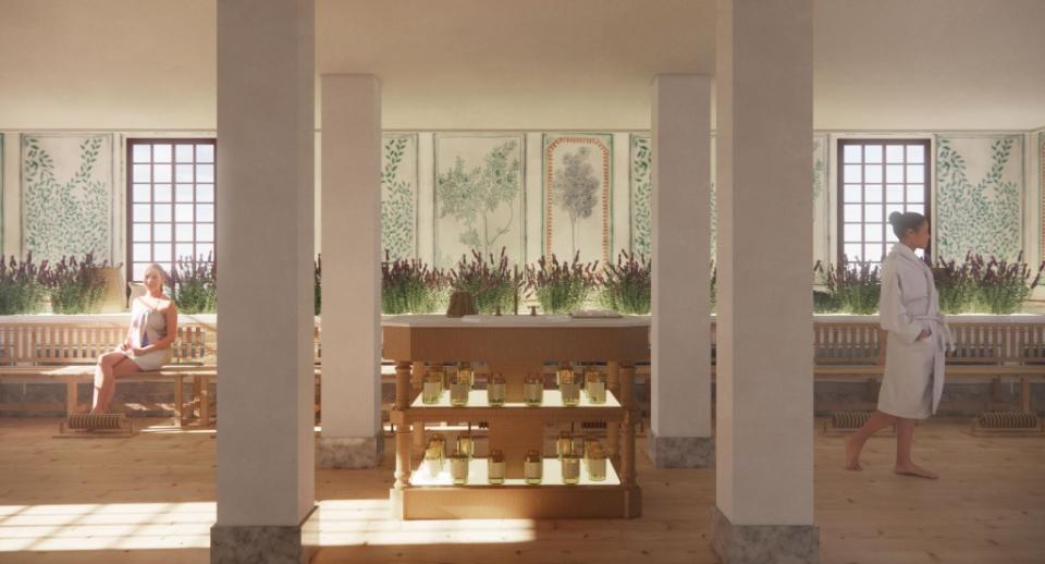 A rendering of the soon-to-open lavender relaxation room. Courtesy of QC New York