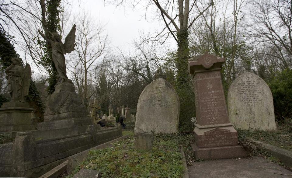 The grave of Dr Isachar Zacharie, front right, which stands lopsided amongst other decaying tombs in Highgate Cemetery in north London Thursday, Feb. 28, 2013. Zacharie,, best known as Abraham Lincoln’s foot doctor, treating him and many members of the United States army during the US Civil War, died in London in 1900 and is buried in the same cemetery that also contains the remains of the philosopher Karl Marx . (AP Photo/Alastair Grant)