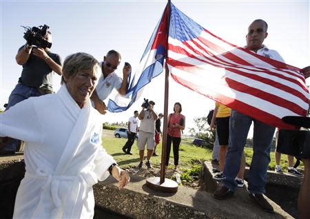 U.S. long-distance swimmer Diana Nyad arrives for her attempt at swimming to Florida from Havana