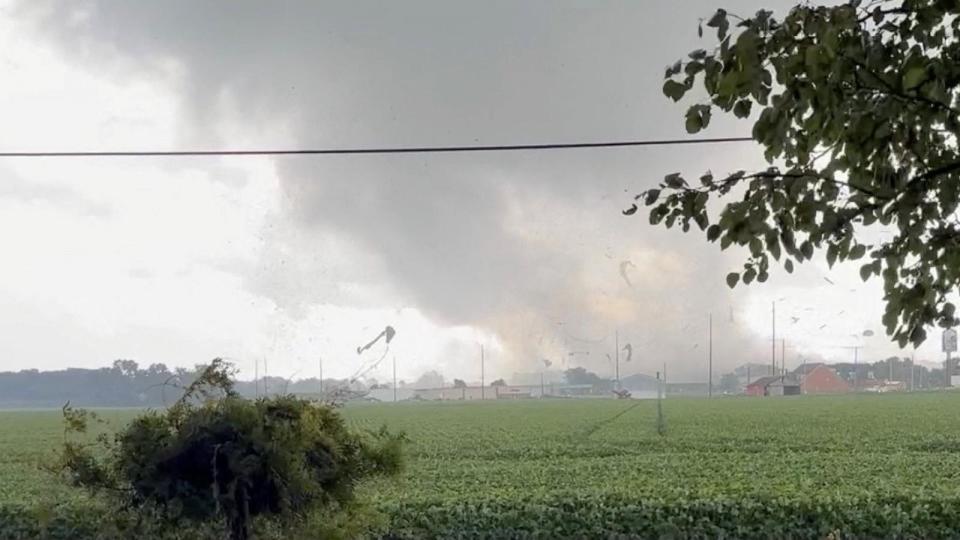 PHOTO: Debris is lifted during a tornado in Mount Vernon, Indiana, U.S. July 9, 2024 in this screen grab obtained from a social media video.  (Jessyka Cox via Reuters)