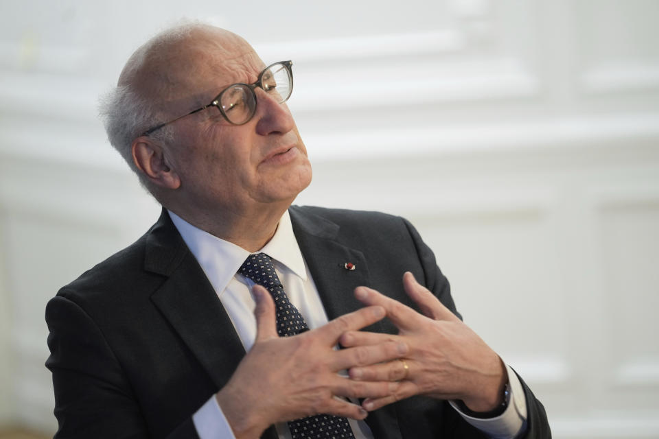 Philippe Etienne, chairman of Liberation Mission, the specially-created body that is organizing the 80th anniversary commemorations, speaks during an interview with The Associated Press, in Paris, Wednesday, Jan. 17, 2024. France is getting ready to show its gratitude towards World War II veterans who will come, many for the last time, on Normandy beaches for D-Day ceremonies that will come as part of a series of major commemorations this year and next marking eight decades since the defeat of the Nazis. (AP Photo/Thibault Camus)