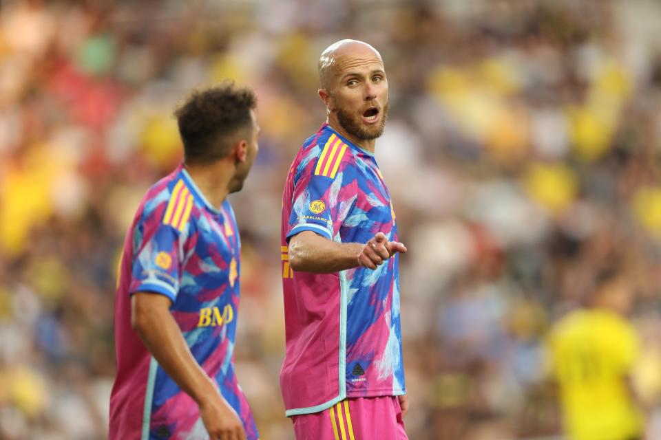 Aug 26, 2023; Columbus, Ohio, USA; Toronto FC midfielder Michael Bradley (4) is seen talking to a teammate during the first half at Lower.com Field. Mandatory Credit: Joseph Maiorana-USA TODAY Sports