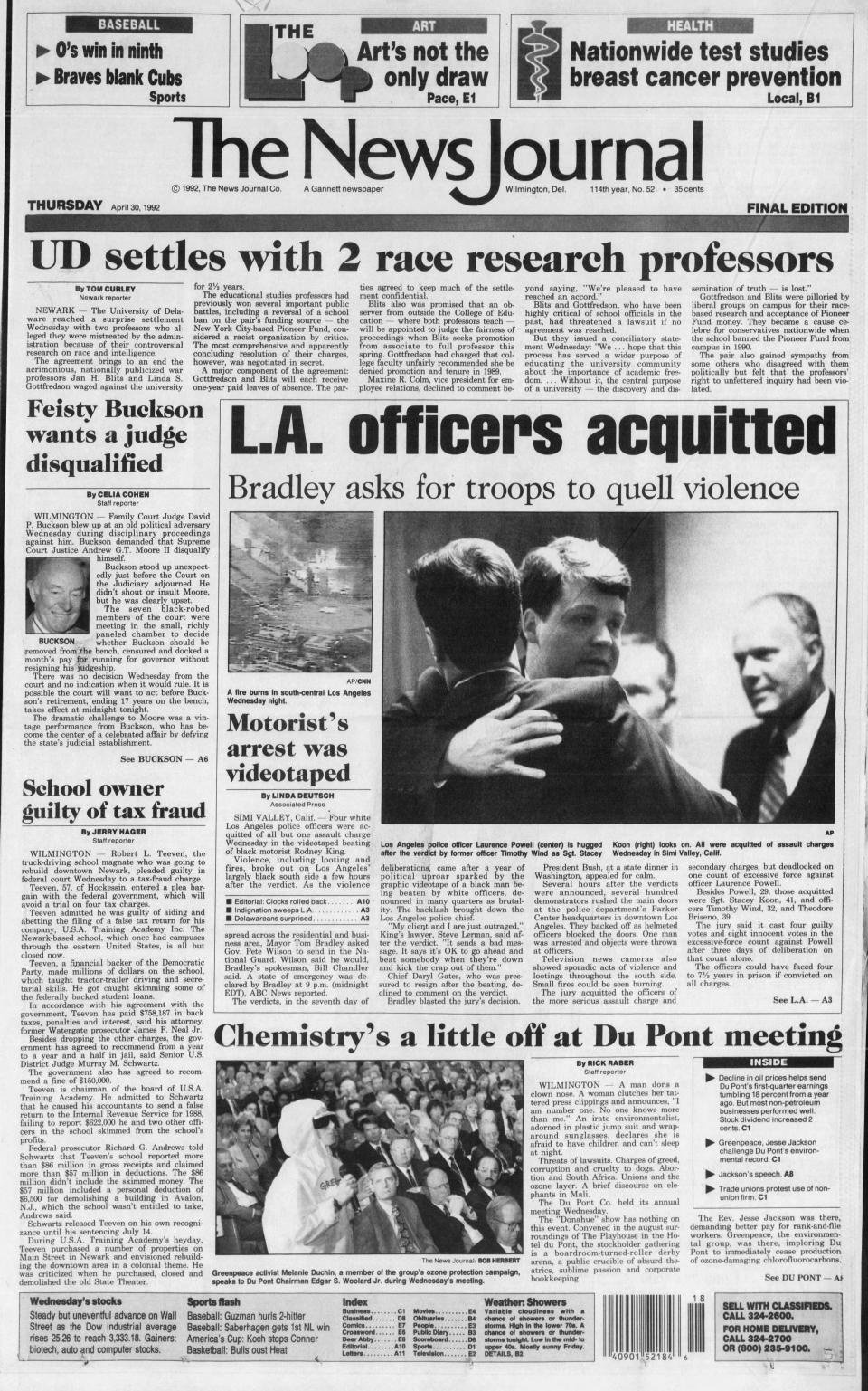 Front page of The News Journal from April 30, 1992.
