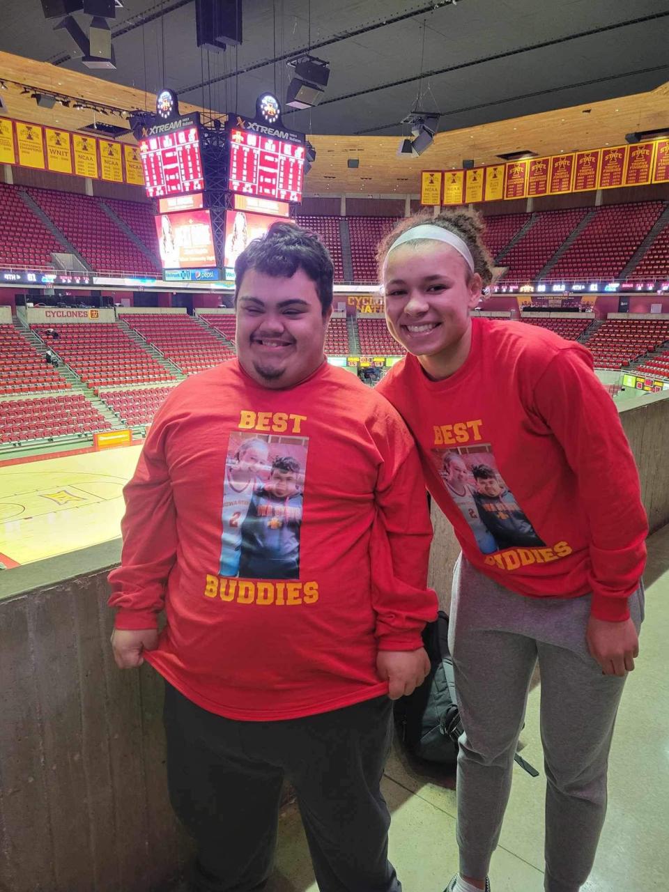 Iowa State women's basketball player Arianna Jackson meets up with her friend Isaac Quinn following a game this season.